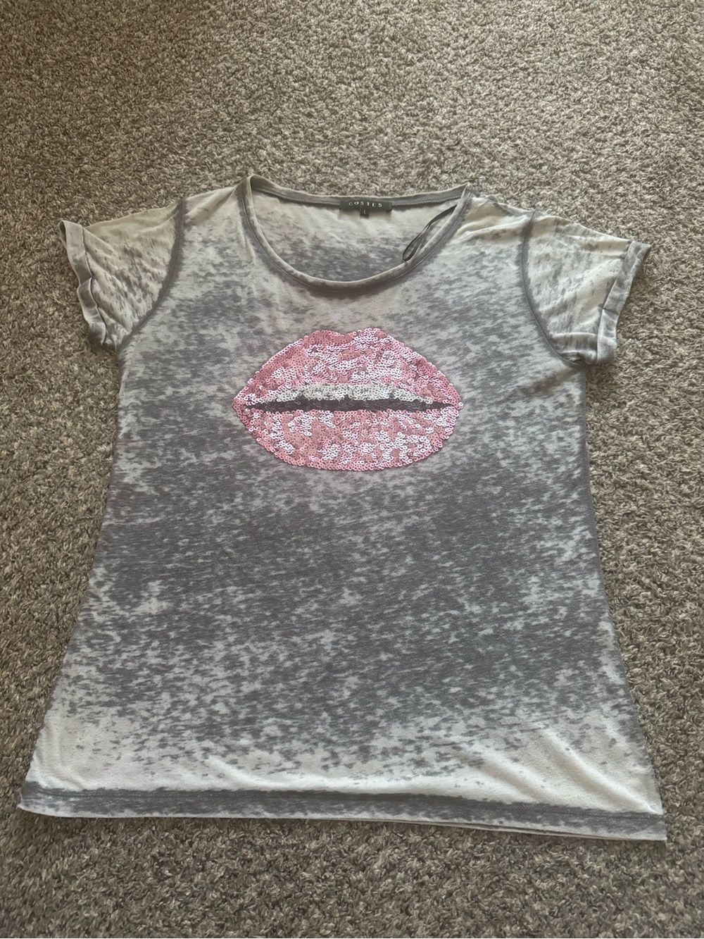 EUC, Costes Vintage Grey Burnout Short Sleeve Tee with Pink Sequin Lips Appliqué
